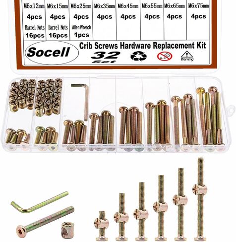 Crib Screws Hardware Replacement Kit,Socell 32Set Baby Bed Frame Bolts &Barrel Nuts Set for Delta/Graco/Dream, M6x12mm/15mm/25mm/35mm/45mm/55mm/65mm/75mm Hex Drive Socket Cap Screws Barrel Nuts in Kuwait