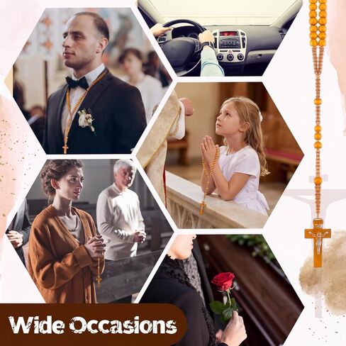 Tenceur 48 Pcs Wooden Rosary Beads Catholic Rosary with Jesus Cross First Communion Wood Carved Rosary Bulk with Organza Bags Catholic Gift Baptism Favors for Women Men(Light Brown) in Kuwait