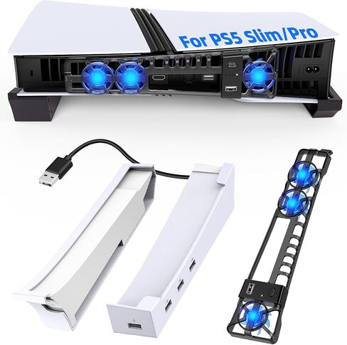 حامل أفقي ومروحة تبريد لجهاز PS5 Slim الرقمي/القرص، ومحطة شاحن وحدة التحكم مع 4 محاور USB، ومروحة صامتة منفصلة 3 عالية السرعة مع منفذ USB 3.0 وإضاءة LED لوحدة التحكم PS5 Slim in Kuwait