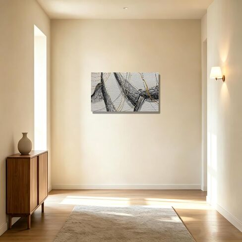 الفن، 24 × 48 بوصة عمل فني أكريليك مرسومة يدويًا لوحة زيتية تجريدية مزخرفة باللونين الأسود والأبيض بخط ذهبي فن جداري مؤطر للتعليق على الحائط فن ديكور in Kuwait