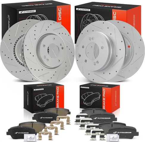 A-Premium Front and Rear Drilled and Slotted Disc Brake Rotors + Ceramic Pads Kit Compatible with Select Kia and Hyundai Models - Optima, Sonata 2011 2012 2013 2014 2015, 12-PC Set in Kuwait