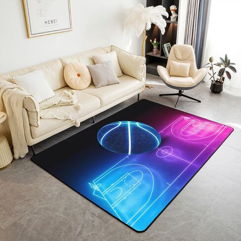 Kids Basketball Area Rug 3'x5',Ball Sports Basketball Hoop Decor Non Shedding Rug for Kids Teen Adults,Neon Light Geometry Decorative Carpet for Playroom Bedroom Dining Room in Kuwait