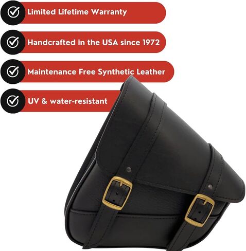 Willie & Max Black Synthetic Leather Brass Monkey Motorcycle Swingarm Bag for Softail/Triangulated Swingarm Models - Brass Buckles - Made in USA [59776-08] in Kuwait