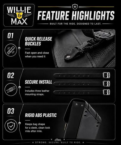 Willie & Max Black Synthetic Leather Brass Monkey Motorcycle Swingarm Bag for Softail/Triangulated Swingarm Models - Brass Buckles - Made in USA [59776-08] in Kuwait