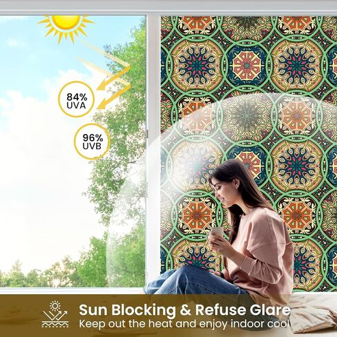 DKTIE Stained Glass Window Film Privacy with Installation Kit, Decorative Tinting Film for Home Frosted Bathroom Window Coverings Static Cling Non-Adhesive (17.7" x 78.7", D) in Kuwait