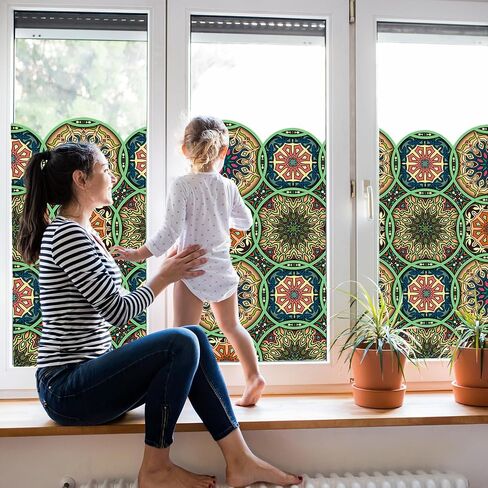 DKTIE Stained Glass Window Film Privacy with Installation Kit, Decorative Tinting Film for Home Frosted Bathroom Window Coverings Static Cling Non-Adhesive (17.7" x 78.7", D) in Kuwait