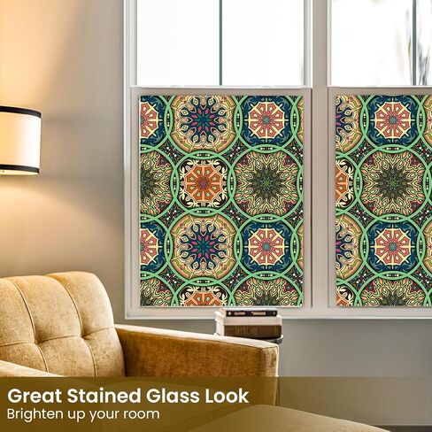 DKTIE Stained Glass Window Film Privacy with Installation Kit, Decorative Tinting Film for Home Frosted Bathroom Window Coverings Static Cling Non-Adhesive (17.7" x 78.7", D) in Kuwait