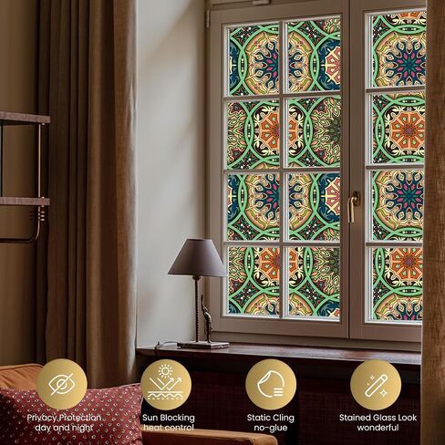 DKTIE Stained Glass Window Film Privacy with Installation Kit, Decorative Tinting Film for Home Frosted Bathroom Window Coverings Static Cling Non-Adhesive (17.7" x 78.7", D) in Kuwait