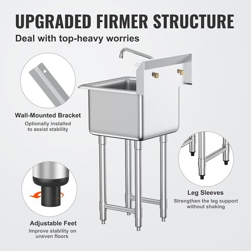VEVOR Stainless Steel Prep & Utility Sink, 1 Compartment Free Standing Small Sink Include Faucet & legs, 27"x41" Commercial Single Bowl Sinks for Garage, Restaurant, Kitchen, Laundry, NSF Certified in Kuwait