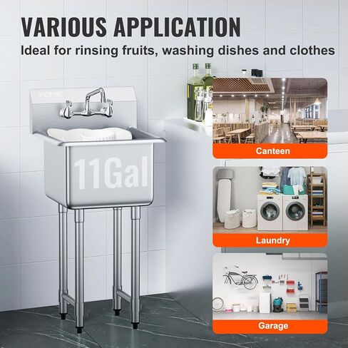 VEVOR Stainless Steel Prep & Utility Sink, 1 Compartment Free Standing Small Sink Include Faucet & legs, 27"x41" Commercial Single Bowl Sinks for Garage, Restaurant, Kitchen, Laundry, NSF Certified in Kuwait