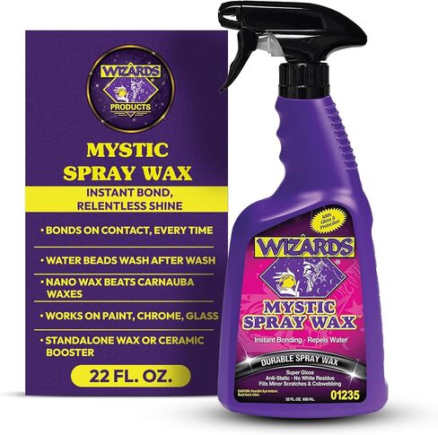 Wizards Spray Mystic Wax - Slick Finish Detailer and Glass Cleaner For Car Detailing Kit - Durable Spray Wax and Ceramic Boost - Repels Water and Protects With No Residue - 22 oz - Made in USA in Kuwait