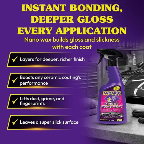 Wizards Spray Mystic Wax - Slick Finish Detailer and Glass Cleaner For Car Detailing Kit - Durable Spray Wax and Ceramic Boost - Repels Water and Protects With No Residue - 22 oz - Made in USA in Kuwait