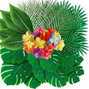 WEISPARK 105Pack Artificial Palm Leaves Hibiscus Flowers Tropical Party Decorations Supplies - 7 Kinds Fake Monstera Leaf for Safari Jungle Hawaiian Birthday Luau Party Theme Table Decor