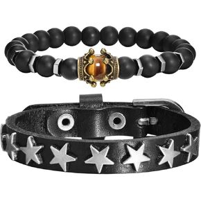 سوار TempBeau Cross Leather الكفة للرجال - تاج حجر عين النمر الخرز سوار العقيق الأسود، مشبك جلدي على شكل نجمة عتيقة، هدايا سوار قابلة للتعديل، سوار رجالي متقاطع in Kuwait