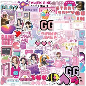 100PCS Pink Game Stickers for Girls,90s Gamer Girl Stickers,Video Game Kawaii Stickers for Kids Girls,Gamer Girl Gifts