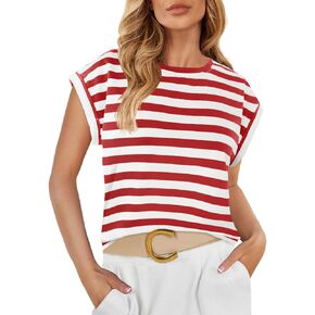 ZESICA Womens 2024 Summer Cap Sleeve Crewneck Crop Tops Casual Loose Striped T-Shirts Basic Tees