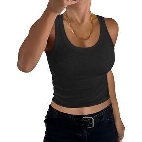 GEMBERA Women Sleeveless Scoop Neck Racerback Ribbed Knit Fitted Teen Basic Crop Tank Top Shirt