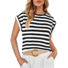 ZESICA Womens 2024 Summer Cap Sleeve Crewneck Crop Tops Casual Loose Striped T-Shirts Basic Tees