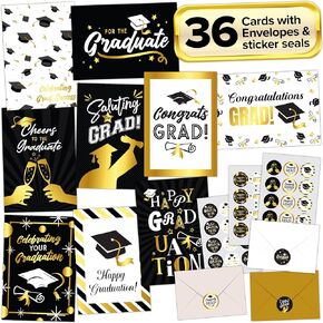 Decorably 36 Pack Gold Foiled 5x7in Bulk Graduation Cards Bulk with Envelopes and Stickers, 9 Elegant Designs Grad Cards with Printed Message Inside