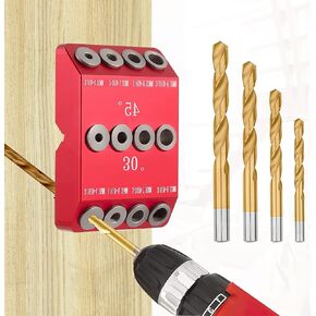 30 45 90° Angle Drill Guide Jig with 4 Size Bits, Durable All-Metal Drilling Jig for Drilling Straight and Angled Holes, for Cable Railing Lag Screw Kit Wood Post, Railing Deck Stair Handrail (5Pcs)