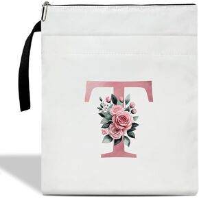 Initials T Book Sleeve with Zipper, Monogrammed Gifts for Women, Floral Book Sleeve for Book Lovers Gift for Teacher Librarian Bookworm Bookish, Personalised Book Protector Cover Pouch Case (zm19)