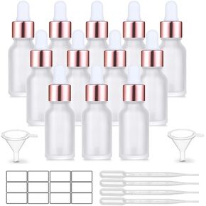 12 Pack,0.5 Oz Matte Glass Dropper Bottle,Empty Frosted Essential Oil Dropper Bottle Holder With Glass Eye Dropper,Rose-Golden Caps Perfume Travel Vial Container-Pipette,Stickers,Funnel included