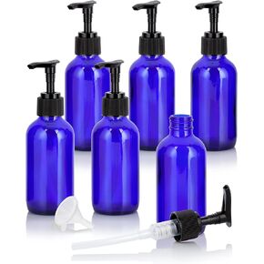JUVITUS 4 oz Cobalt Blue Glass Boston Round Bottle with Black Lotion Pump (12 Pack) + Funnel