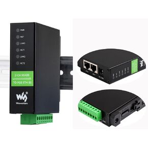 waveshare 2-CH RS485 to RJ45 Ethernet Serial Server with PoE Function, IEEE 802.3af Compliant, Rail-Mount Industrial Isolated Serial Module, Bi-Directional Transparent Transmission