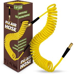 1/4 in x 25 ft Polyurethane Air Hose with Bend Restrictor, Air Compressor Hose with 1/4 Solid 100% Pure Copper Quick Connect Fittings and I/M Plug Kit, Yellow