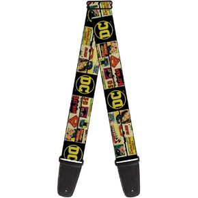 Buckle-Down Guitar Strap - Vintage DC Comics Superhero and Logos Collage Black - 2" Wide - 29-54" Length