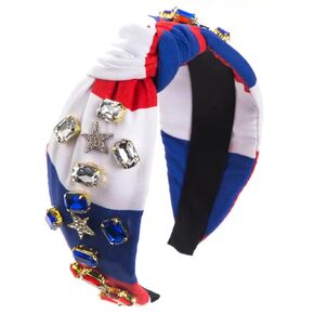 4th of July Headband for Women Pearl Crystal USA Charm Knotted Headband Fourth of July Patriotic Black Headpiece Red White and Blue Crystal Top Knot Hairband(7.4 pearl USA-black)