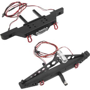 RC Front Bumper & Rear Bumper with LED Lights Headlights Tow Hook Spare Tire Carrier Compatible with Axial SCX10 Traxxas TRX4 90046 90047 SCX10-iii AX10300 1/10 RC Crawler Car