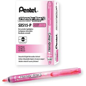 Pentel Handy-Line S Retractable and Refillable Chisel Tip Highlighter, Pink Ink, Box of 12 (SXS15-P)