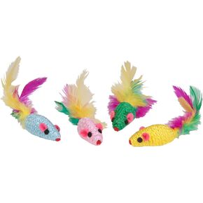 Boss Pet Chomper Kylie's Brites 4-Piece Feather Mouse Rattlers Toy for Pets