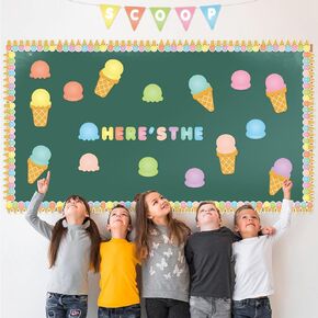 144Pcs Summer Ice Cream Bulletin Board Decoration Cutouts Set Contain Ice Cream Top Cone Trim Borders Flag with Characters Here The Scoop Summer Party and Classroom Decoration