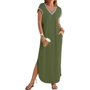 MEROKEETY Women's 2024 Summer Short Sleeve Maxi Dress V Neck Split Loose Casual Beach Long Dresses