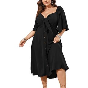 SCOMCHIC Plus Size Summer Dress Casual Ruffle Short Sleeve Bow Tie Deep V Neck Smocked Button Down Midi Flowy A-line Dresses in Kuwait