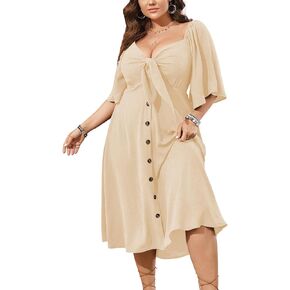 SCOMCHIC Plus Size Summer Dress Casual Ruffle Short Sleeve Bow Tie Deep V Neck Smocked Button Down Midi Flowy A-line Dresses