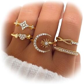 YOOESTORES82 Crystal Stackable Knuckle Rings Sets for Women Teen Girls,14K Gold Sparking Cubic Zirconia Star Moon Heart Finger Rings Rhinestone Jewelry Gifts