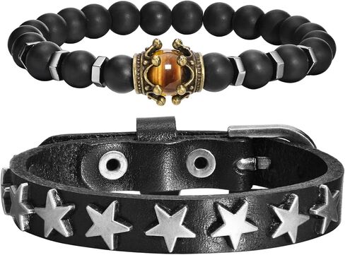 سوار TempBeau Cross Leather الكفة للرجال - تاج حجر عين النمر الخرز سوار العقيق الأسود، مشبك جلدي على شكل نجمة عتيقة، هدايا سوار قابلة للتعديل، سوار رجالي متقاطع in Kuwait
