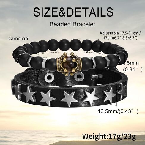سوار TempBeau Cross Leather الكفة للرجال - تاج حجر عين النمر الخرز سوار العقيق الأسود، مشبك جلدي على شكل نجمة عتيقة، هدايا سوار قابلة للتعديل، سوار رجالي متقاطع in Kuwait