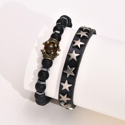 سوار TempBeau Cross Leather الكفة للرجال - تاج حجر عين النمر الخرز سوار العقيق الأسود، مشبك جلدي على شكل نجمة عتيقة، هدايا سوار قابلة للتعديل، سوار رجالي متقاطع in Kuwait