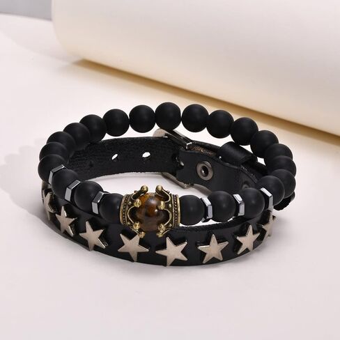 سوار TempBeau Cross Leather الكفة للرجال - تاج حجر عين النمر الخرز سوار العقيق الأسود، مشبك جلدي على شكل نجمة عتيقة، هدايا سوار قابلة للتعديل، سوار رجالي متقاطع in Kuwait
