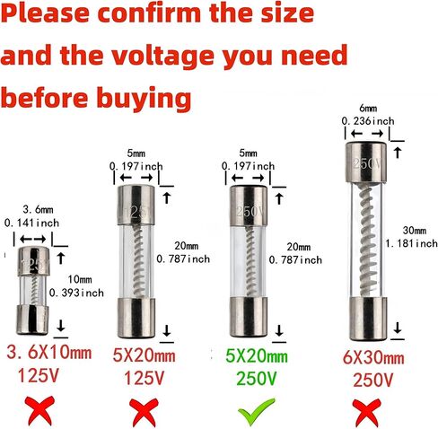 LOCORED 20 قطعة 5A 250 فولت صمامات ضربة بطيئة T5AL250V 5x20 مللي متر 5 أمبير 250 فولت فيوز 0.2x0.78 بوصة خرطوشة تأخير الوقت أنبوب زجاجي فيوز UL مدرج in Kuwait