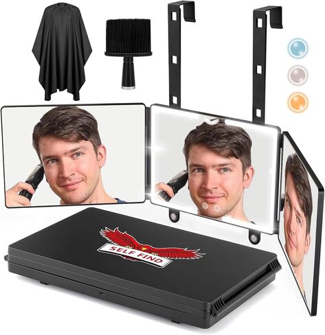 SELF FIND 2.0 Large Size 3 Way Mirror for Self Hair Cutting with 3 Color Ring Light, Premium Self Haircut Mirror, Rechargeable 360° Barber Mirror with Height and Light Adjustable in Saudi Arabia