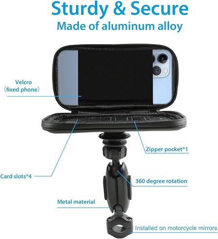 حقيبة مقاومة للماء للهاتف للدراجات النارية من SUNDAREE مع مشبك حامل مرآة من الألومنيوم، حامل هاتف دراجة نارية يدور بزاوية 720 درجة لهواتف iPhone 15 Pro Max/Plus و14 Pro Max والمزيد من الهواتف الذكية مقاس 4.7 بوصة إلى 6.8 بوصة in Kuwait