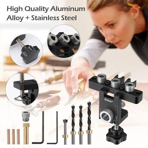 3 in 1 Dowel Jig Kit Kannino Self Centering Doweling Jig Kit, Pocket Hole Jig Kit with Adjustable Woodworking Drill Locator for Furniture Assembly, DIY Projects, 3 Size Drill Bit (8, 10, 15 mm) in Saudi Arabia