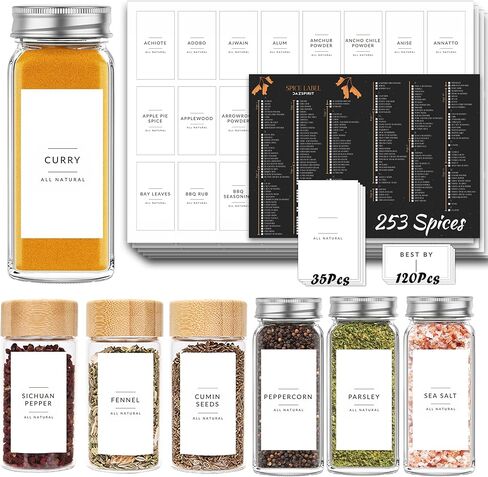 DazSpirit 408 Minimalist Spice Jar Labels, 253 Preprinted + 120 Expiration Date + 35 Blank Labels, Waterproof & Oil Proof Pantry Labels, Herb Spices Kitchen Pantry Stickers for Kitchen Organization in Saudi Arabia