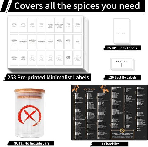 DazSpirit 408 Minimalist Spice Jar Labels, 253 Preprinted + 120 Expiration Date + 35 Blank Labels, Waterproof & Oil Proof Pantry Labels, Herb Spices Kitchen Pantry Stickers for Kitchen Organization in Saudi Arabia