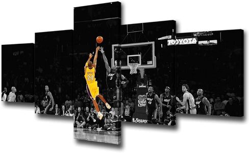 5 Panels Black and White Wall Art Lakers Player Kobe Bryant Wins Championship at Staples Center Painting for Living Room Decoration Canvas Prints Giclee Artwork Framed Ready to Hang, 50"Wx24"H in Saudi Arabia